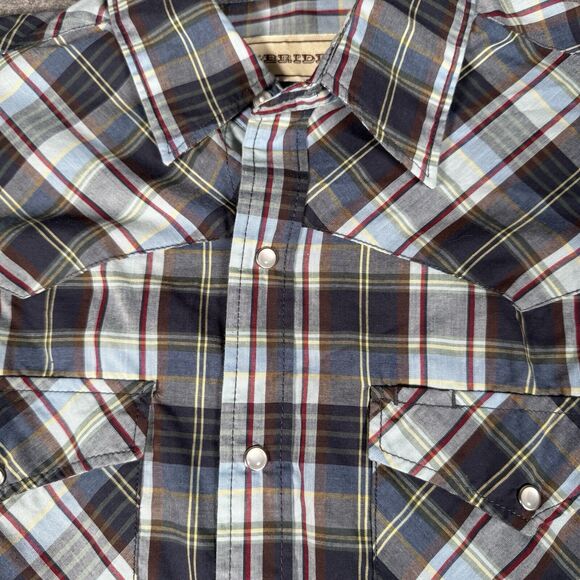 Bit & Bridle Shirt Men Large Black Red Plaid Short Sleeve Pearl Snap Flap Pocket - Picture 2 of 5